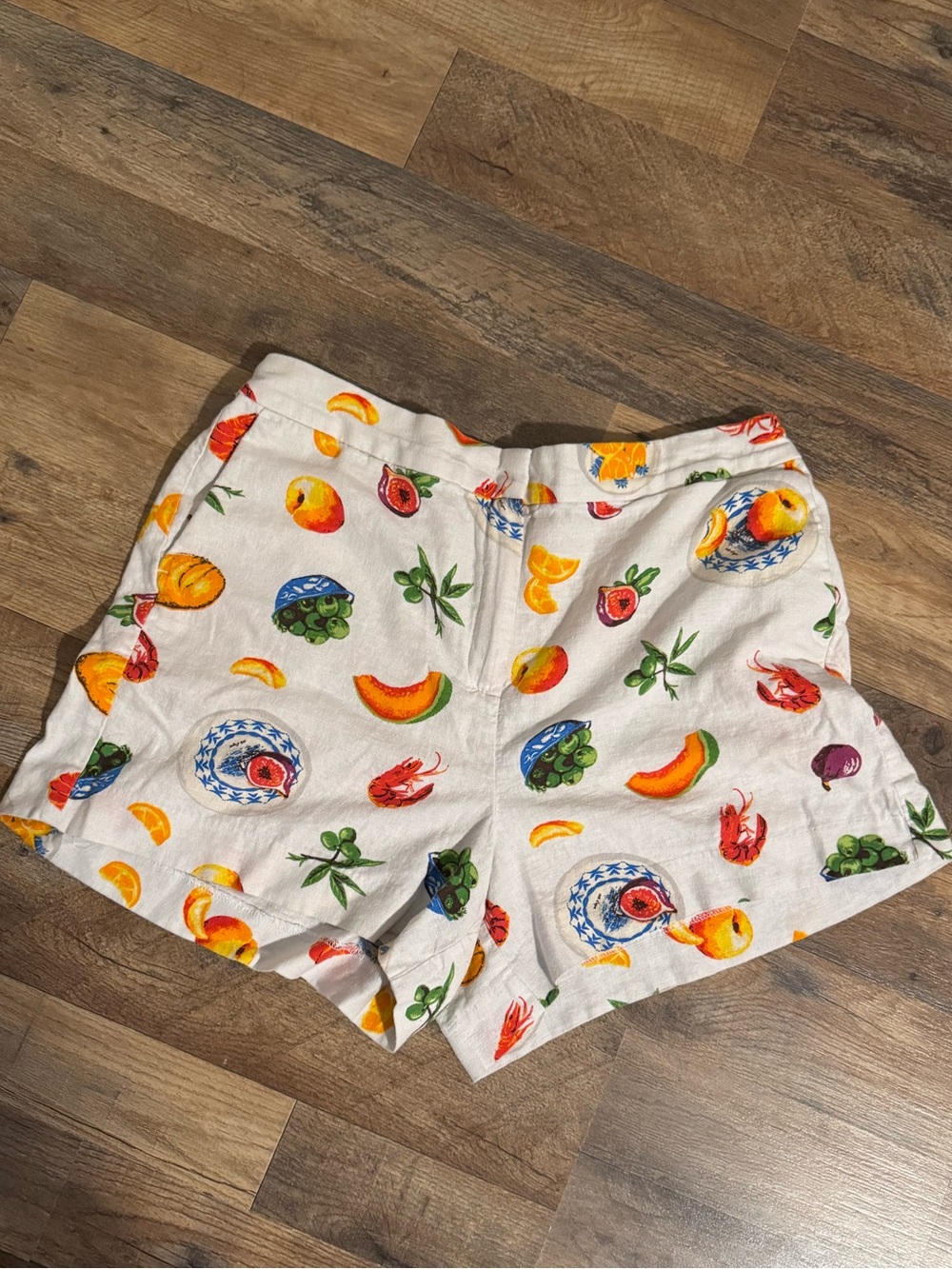 J. Crew White High-Waist Linen Shorts with Colorful Fruit Print